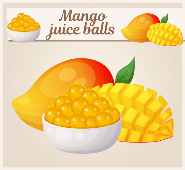 用于制作芒果果和黄色果汁球泡茶饮料。矢量图标的芒果和弹出珍珠在一个白色的碗为冷的水果茶鸡尾酒。卡通食品说明图片下载