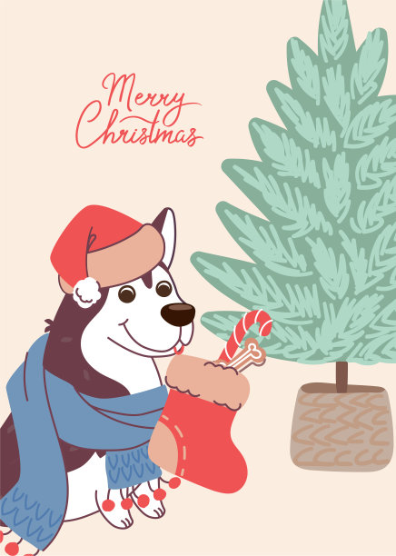 可爱的狗哈士奇在圣诞卡上。向量贺卡在平面风格与字母圣诞快乐图片下载