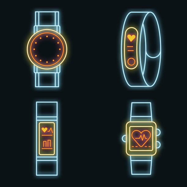 健身追踪器图标设置矢量霓虹灯图片下载