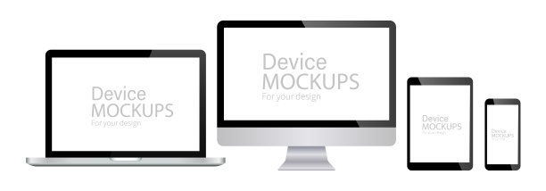 一套电脑显示器，笔记本电脑，平板电脑和手机的现实模型。图片下载