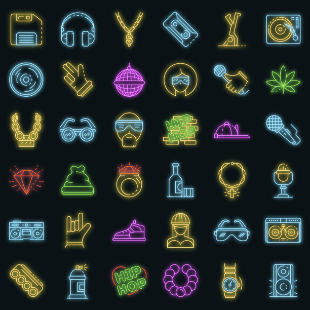 嘻哈图标设置矢量霓虹灯图片下载