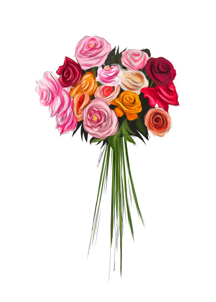 美丽的红玫瑰花束，彩绘，逼真图片下载