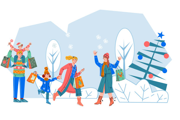 冬季假期横幅与人们购买圣诞礼物，矢量插图孤立在白色。图片下载