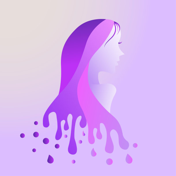 浅紫色背景上的粉红色和紫色渐变卷发女人。沙龙和美容概念作为矢量插图。图片下载