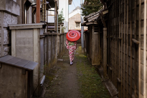 少女身穿和服，撑着纸伞，走在狭窄的巷子里图片下载