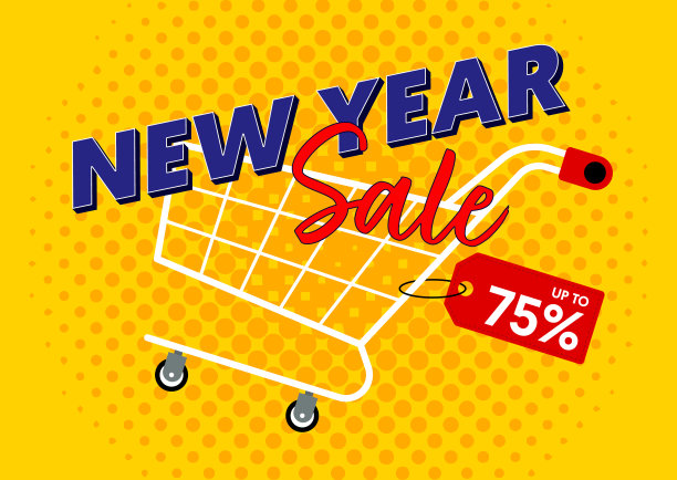 新年快乐促销横幅模型与购物车图片下载