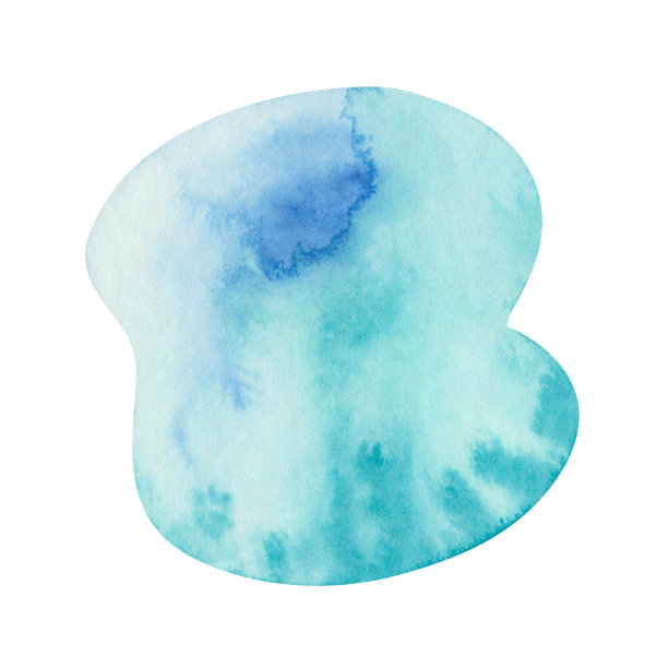 水彩插图手绘蓝色色块，蓝绿色水花飞溅，雪点缀抽象孤立在白色上图片下载