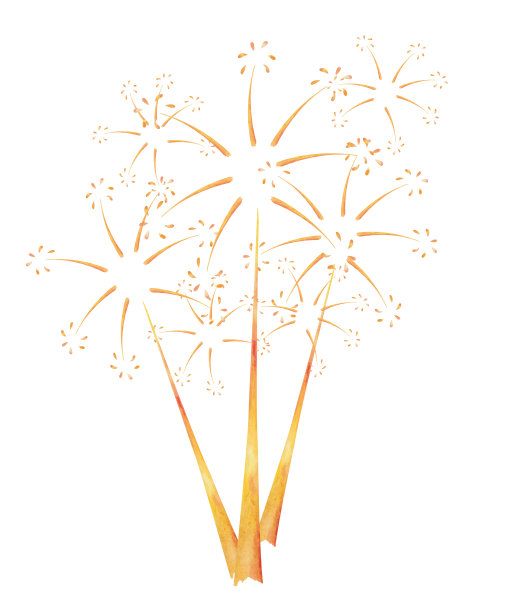 水彩插画手绘的一束黄色和橙色的烟花，鞭炮在天空庆祝节日图片下载