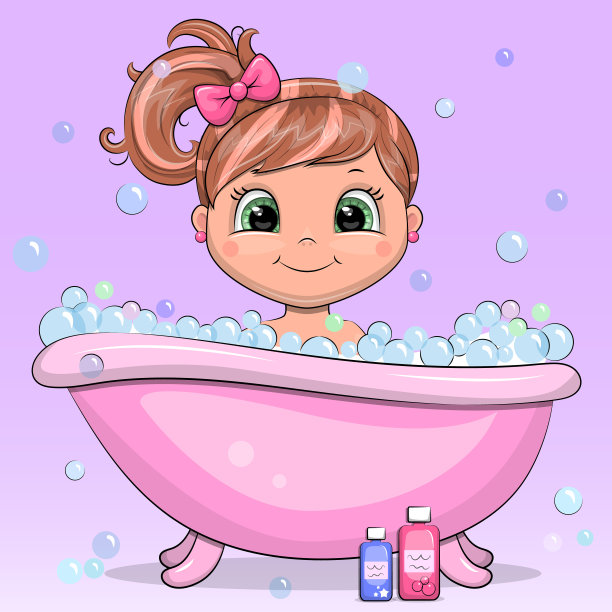 可爱的卡通女孩正在洗澡。图片下载