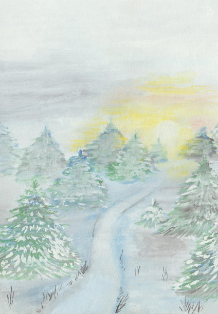 水粉画手绘的绿色冷杉树下的雪，雪堆，太阳，天空日出。松脆的雪林冬天的黎明。设计明信片，横幅，海报的艺术图片下载