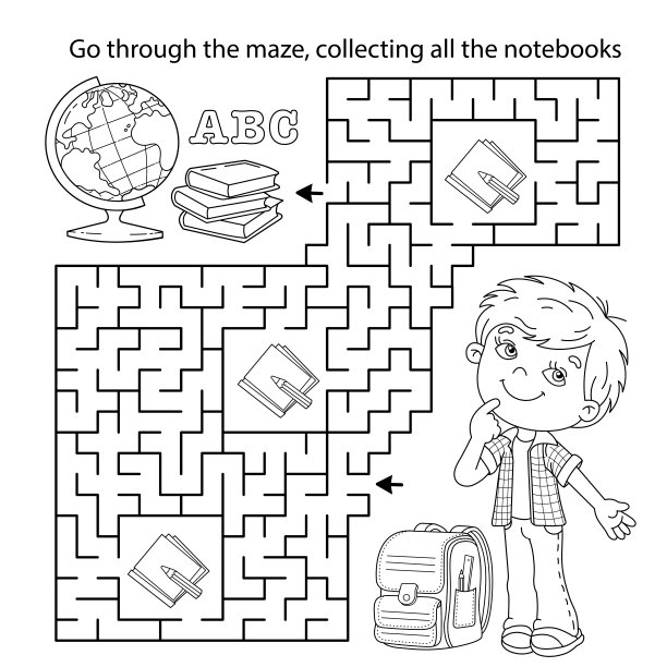 迷宫或迷宫游戏。谜题。涂色页大纲卡通男孩与学校用品。儿童涂色本。图片下载