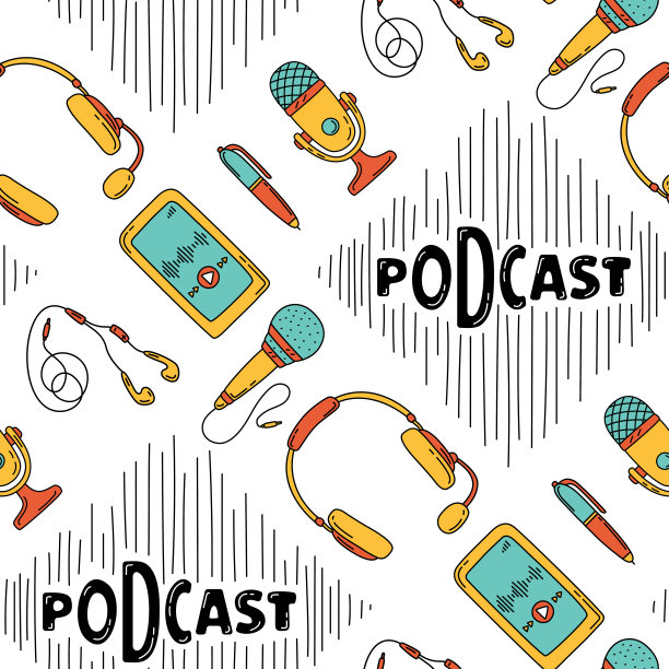 播客项目无缝模式。广播用的封面或横幅。麦克风，耳机，耳机，智能手机手绘矢量图标包图片下载