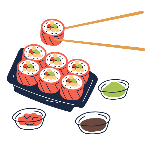 寿司卷集酱、生姜、芥末分离设计元素集图片下载
