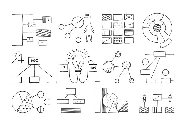 涂鸦块方案。手绘草图的信息图表和条形图。数据可视化。带有几何形状和箭头的图形。向量白色和黑色的演示模板集图片下载