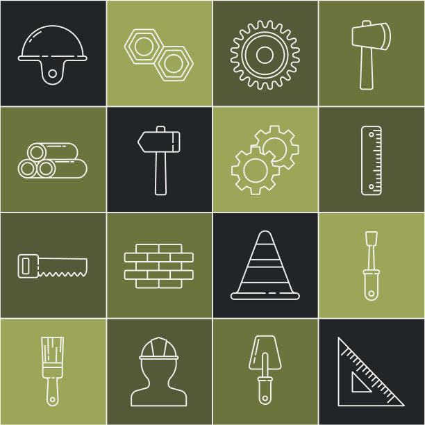 三角尺，螺丝刀，直尺，圆锯片，锤子，工业金属管，工人安全帽和齿轮图标。向量图片下载