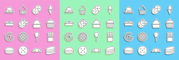 设置线布朗尼巧克力蛋糕，巧克力棒，蛋糕，饼干或饼干，自制派，和图标。向量图片下载