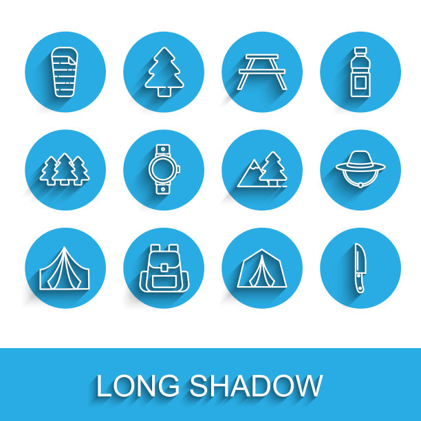 旅游帐篷，徒步背包，睡袋，刀，智能手表，野营帽和带有树图标的山脉。向量图片下载