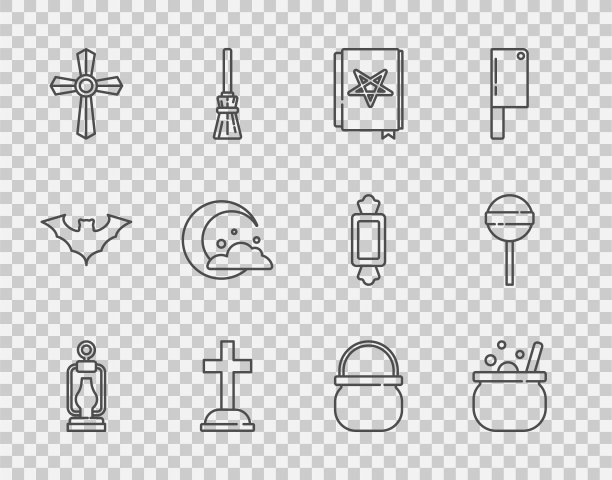 设置线露营灯笼，万圣节女巫大锅，古老的魔法书，墓碑与十字架，月亮和星星，和棒棒糖图标。向量图片下载