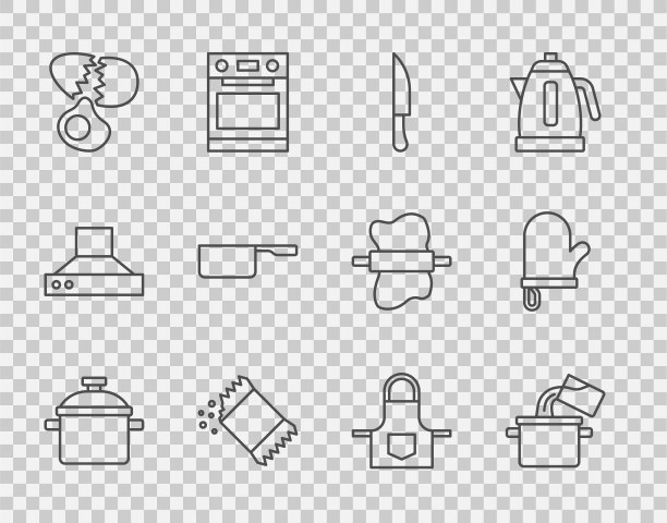 集锅，刀，胡椒包，破蛋，平底锅，厨房围裙和烤箱手套图标。向量图片下载