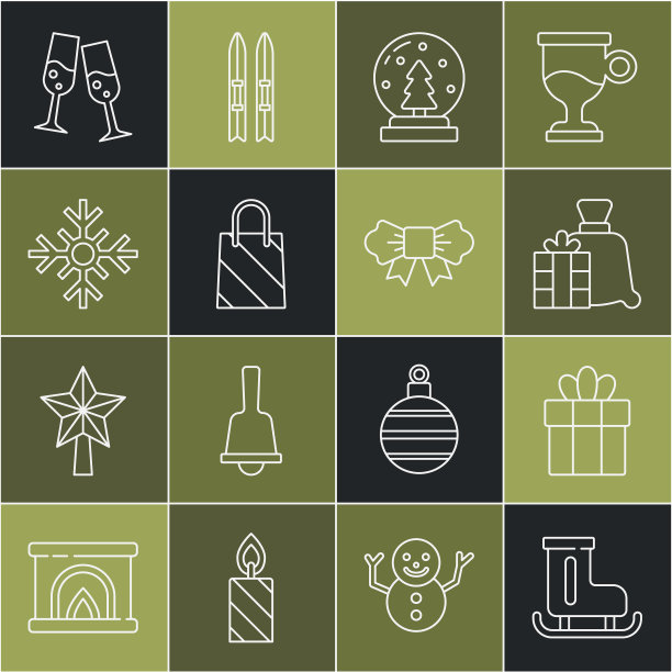 集线花样溜冰鞋，礼品盒，圣诞老人袋礼物，圣诞节雪球，购物，雪花，香槟和蝴蝶结图标。向量图片下载