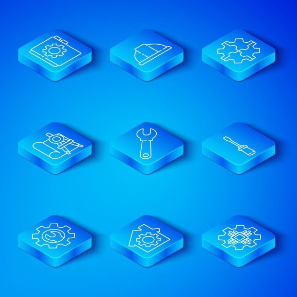 套线扳手扳手和齿轮，套筒，螺丝刀，齿轮，图纸指南针，用户手册和处理器图标。向量图片下载