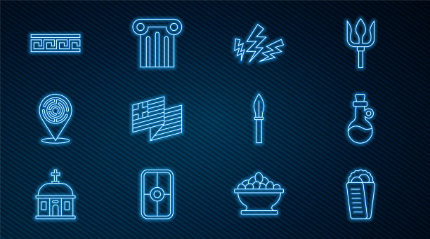 设置线陀螺皮塔希腊，瓶橄榄油，宙斯，希腊国旗，牛头怪迷宫，古代图案，中世纪矛和柱图标。向量图片下载