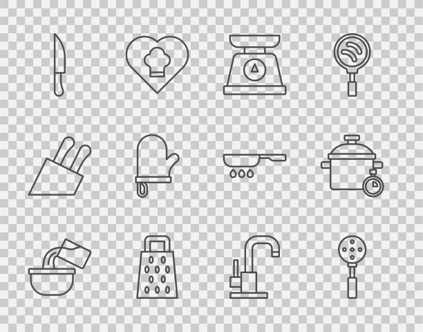 设置线锅，铲子，天平，磨丝器，刀，烤箱手套，水龙头和烹饪锅图标。向量图片下载