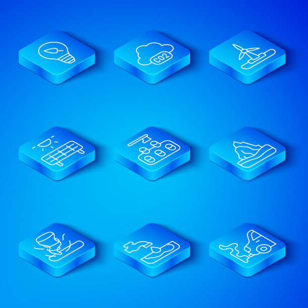 设置龙卷风、森林砍伐、水问题、冰山、风力涡轮机、太阳能电池板、带叶子的灯泡和汽车排气图标。向量图片下载