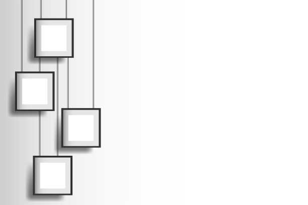 矢量插图。墙上挂着四个木制的黑色肖像框。空的画框和照片。图片下载