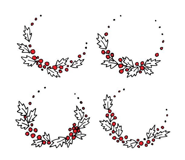 手绘矢量涂鸦。套圆形的花框架，红色的冬青浆果和叶子。喜庆的新年，圣诞节的装饰。印刷、明信片、标签、价签、邀请函。图片下载