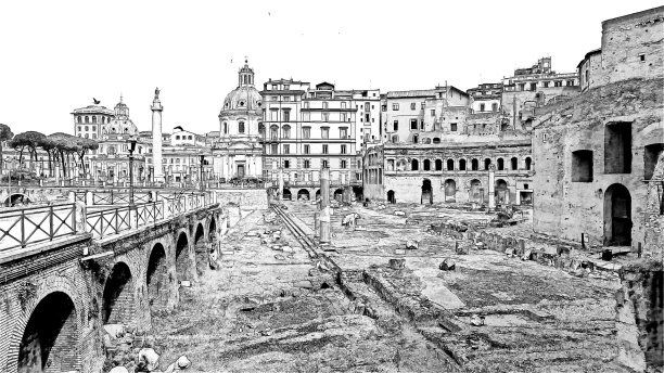 意大利罗马帝国广场的一部分白天的黑白素描。图片下载