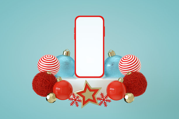 手机智能屏幕与圣诞新年饰品，白色讲台，3d抽象蓝色背景图片下载