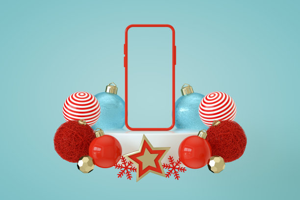 手机智能屏幕与圣诞新年饰品，白色讲台，3d抽象蓝色背景图片下载