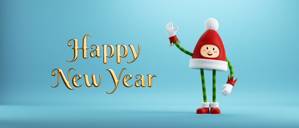 3d渲染，新年祝福文字。圣诞玩具夹艺术孤立在蓝色背景。有趣的圣诞老人小帮手。红帽吉祥物有脸，手和腿图片下载