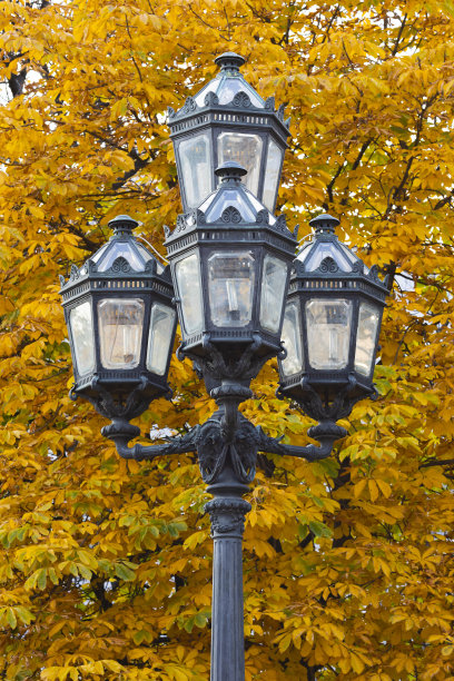 古色古香的街灯，背景是黄色的树叶图片下载