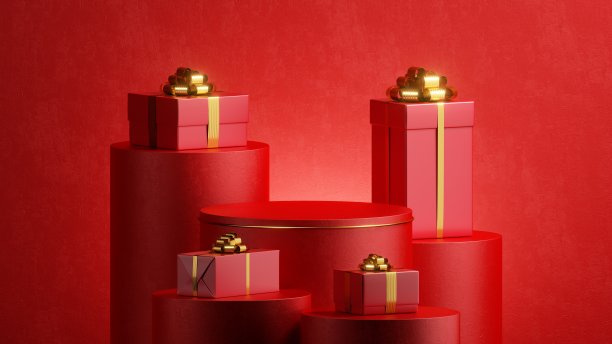 3d渲染，抽象红色节日背景。一堆带着金色蝴蝶结的圣诞礼品盒。展示现场，有空的舞台讲台进行产品展示。假日销售图片下载