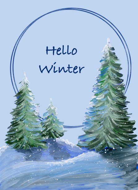 冬天的明信片。给冬天写信。蓝色背景上有冬季森林的明信片。水彩插图。图片下载