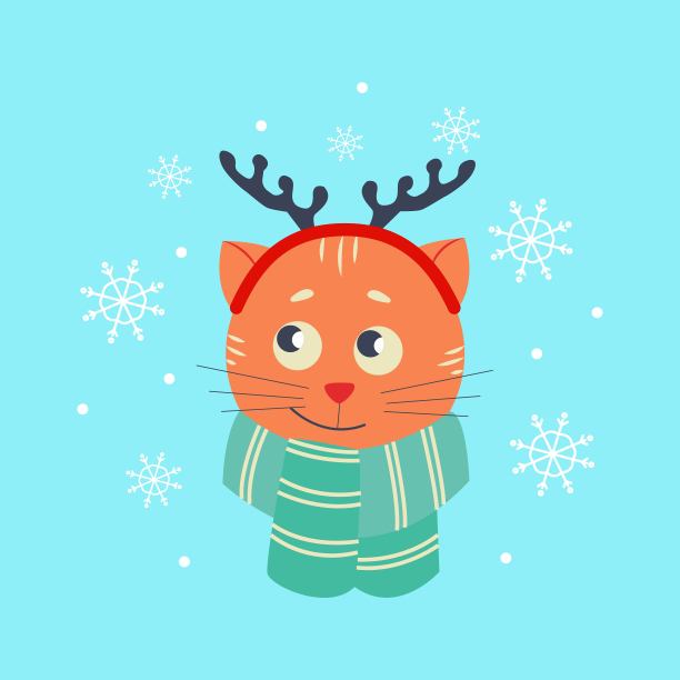 可爱的猫，戴着鹿角和围巾。圣诞插图平面卡通风格图片下载