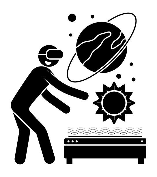 画人，学生，科学家，戴着虚拟现实眼镜看着太阳系。现代教育中的高科技。简单的黑白矢量孤立在白色背景图片下载