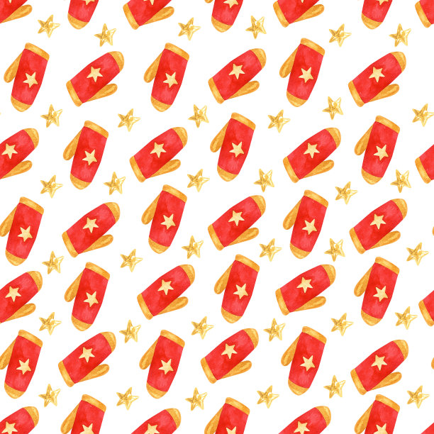 水彩圣诞节无缝模式与红色手套装饰与金色的星星在白色图片下载