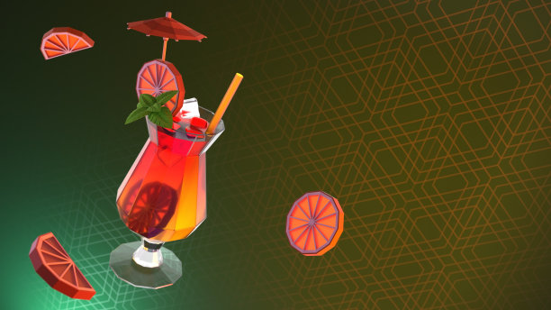 3d插图飞行鸡尾酒与纸伞在一个黑暗的背景在低聚风格。图片下载