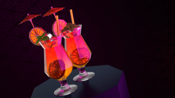 3d插图的两个鸡尾酒在一个黑暗的背景在低多边形风格图片下载