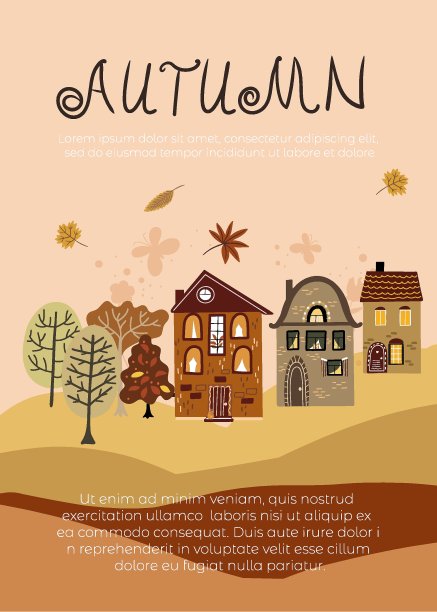 秋天的背景与树叶购物，广告，促销海报，框架传单，网页横幅。秋天的风景，房子，田野，小山。图片下载