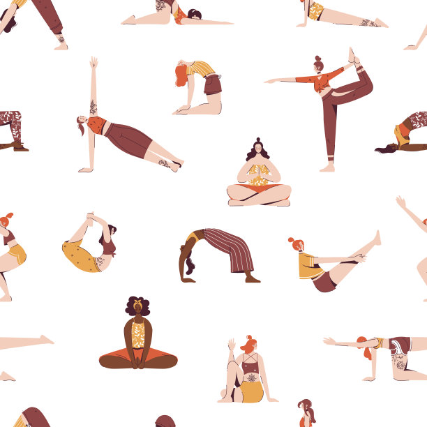 无缝模式与卡通女性角色的瑜伽姿势和冥想。年轻女性做瑜伽练习，冥想和伸展运动。健康的生活方式。在瑜伽馆或家里做瑜伽。图片下载