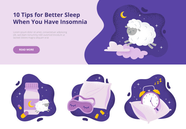 横幅上挂着可爱的羊。安眠药、闹钟、面膜等概念。时尚的矢量平面插图的横幅，登陆页。图片下载