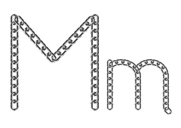 大写和小写字母M由逼真的金属色链组成。孤立在白色背景上。矢量插图。图片下载