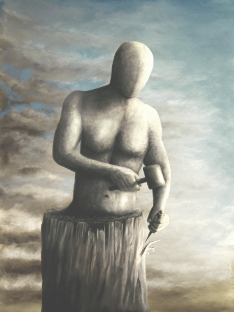 人物在木中雕刻的插画，超现实的身份抽象的新生活理念图片下载