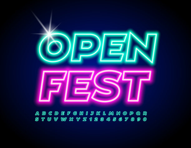 向量发光海报开放Fest。霓虹灯时髦的字母和数字集合图片下载