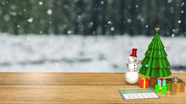 计算器和圣诞树上的木桌为假日或商业概念三维渲染图片下载