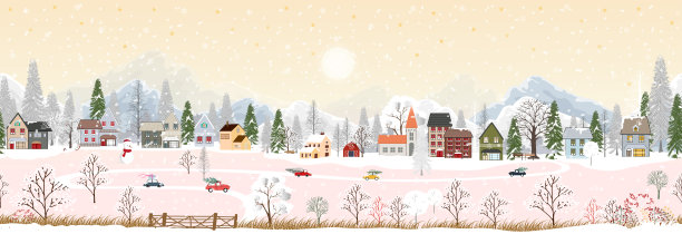 无缝模式冬季景观在乡村背景的夜晚，向量无尽的水平横幅冬季仙境与房子和森林松树，庆祝圣诞节和新年的背景图片下载